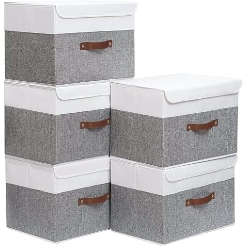 Yawinhe Storage Boxes with Lids, White/Grey, Medium, 5-Pack