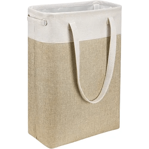 i BKGOO Laundry Basket with Handles Beige&Khaki-Slim Laundry Bin Collapsible Dirty Clothes Basket Narrow Laundry Bag Foldable Dirty Hamper for Camping, Dorms, Apartments