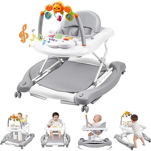 Baby Walker with Wheels, 5 in 1 Baby Walkers for Boys Girls 6-12 Months, Foldable Walker Baby with Bouncer & Feeding Tray, Music, Adjustable Heights