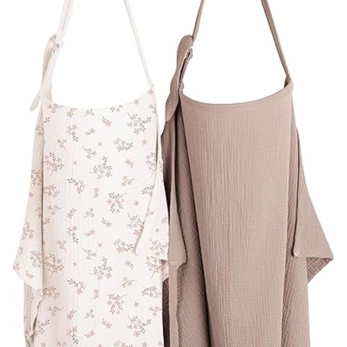 Konssy 2-Pack Muslin Nursing Cover Up for Breastfeeding Moms with Rigid Hoop, 100% Cotton, Lightweight & Breathable Breastfeeding Cover, Adjustable & Comfort