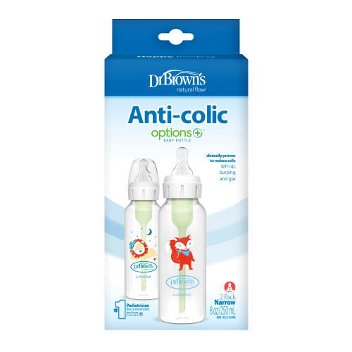 Dr. Brown's Natural Flow Anti-Colic Options+ Narrow Baby Bottle, Fox/Lion, 8 oz, 0m+, 2 Pack
