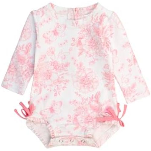 RuffleButts Baby Girls UPF 50+ Sun Protection Floral Printed Long Sleeve One Piece Rash Guard Swimsuit with Zipper