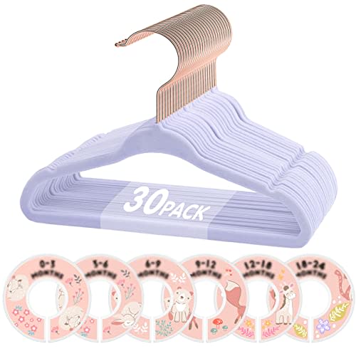 VIS'V Baby Hangers, 11 Inch Velvet Kids Hangers with 6 Pcs Clothes Size Dividers, Infant Toddler Nursery Closet Organization, Non Slip, Lavender, 30 Pcs