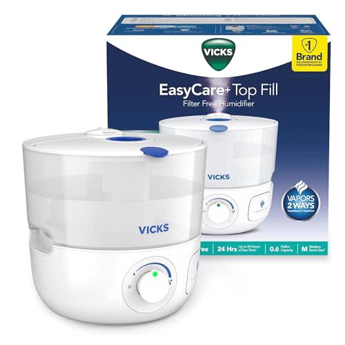 Vicks EasyCare Plus Top Fill Filter-Free Cool Mist Humidifier, Small Room–For Vapors 2 Ways –Works with Vicks VapoPads and VapoSteam, White
