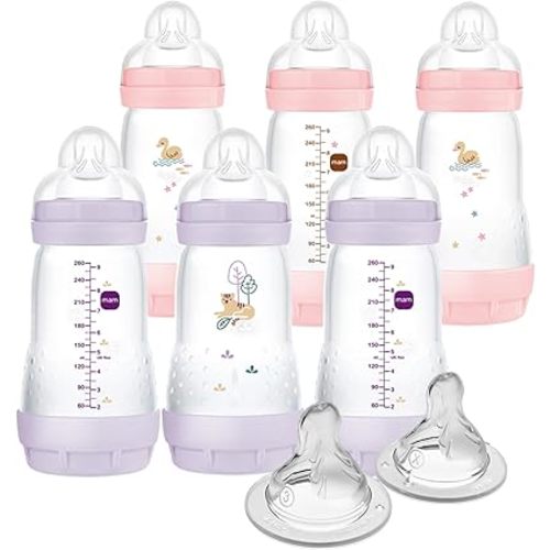 MAM 9oz Easy Start Anti-Colic Baby Bottle, Medium Flow with 2X Bonus Nipples, Breastfeeding-Like Silicone Nipple Bottle, Reduces Colic, Gas, & Reflux, Easy-to-Clean, BPA-Free, 2 Plus Months