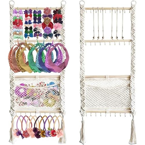 Headband Holder, Hair Bow Organizer for Girls, Large capacity bow hanger for baby girl, Handmade Macrame hair accessories organizer, bow holder, hair clip holder, Boho Wall Decor storage nursery room