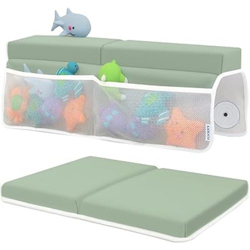 Baby Bath Kneeler and Elbow Rest Pad Set - Baby Bath Support for Knees and Elbows - Bath Kneeler Pad with Memory Foam and Bath Toys Organizer - Ideal Bath Kneeling Pad for Bathing Baby - Green