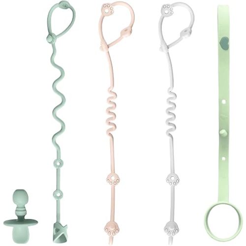 Toy Straps for Baby, 5 Pack Spoon Toy Bottle Bungees with Toddler Utensil, Silicone Pacifier Clips Harness Straps for High Chair, Strollers, Shopping Trolley,Cars,Hanging Baskets,Cribs,Bags-Green
