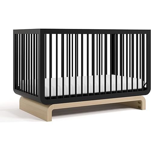 Storkcraft Santorini Deluxe 5-in-1 Convertible Crib with Bonus Toddler Guardrail (Black with Driftwood) – GREENGUARD Gold Certified, Toddler Guardrail Included in Box, Fits Standard Crib Mattress