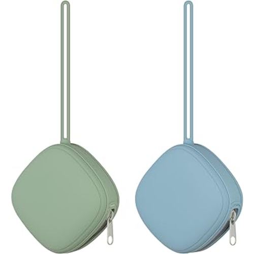 2 Pack Silicone Pacifier Holder Case, Portable Silicone Pacifier Case for Diaper Bag, BPA Free Newborn Baby Pacifiers Silicone Pouch for Boys & Girls (Sage+Ether)