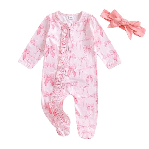 SAYOO Newborn Christmas Going Home Outfit Baby Girl Zipped Ruffle Frills Footie Romper Jumpsuit Fall Baby Hospital Clothes