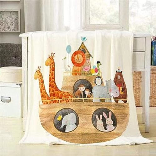 Mugod Ship with Animals Throw Blanket Children's Watercolor Illustration of a Cute Noah's Ark with Animals Decorative Soft Warm Cozy Flannel Plush Throws Blankets for Bedding Sofa Couch 40 X 50 Inch