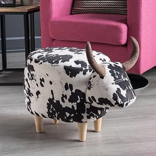 Christopher Knight Home Bessie Patterned Velvet Cow Ottoman, Black And White Cow Hide / Natural