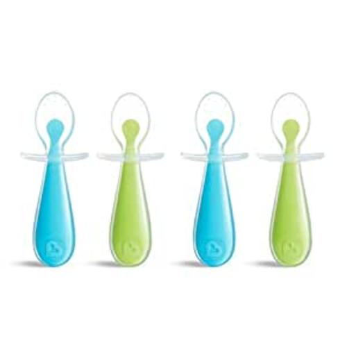 Munchkin® Silicone Scoop™ Trainer Spoons with Choke Guard for Baby Led Weaning, 4 Count, Blue/Green : Baby