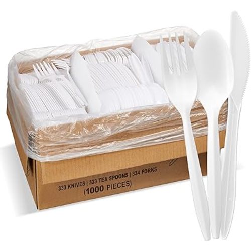 1,000 Plastic Disposable Cutlery Bulk Variety Pack White Medium Weight Includes 334 forks, 333 knives, 333 soup spoons, Disposable Silverware Plastic Cutlery