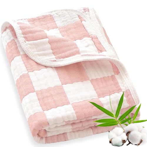BEILIMU Muslin Swaddle Blankets Neutral, Baby Swaddling Wrap Nursery Blanket for Boys & Girls Unisex, Soft 70% Cotton and 30% Rayon, Large 43 x 43 inches Light Pink Chessboard