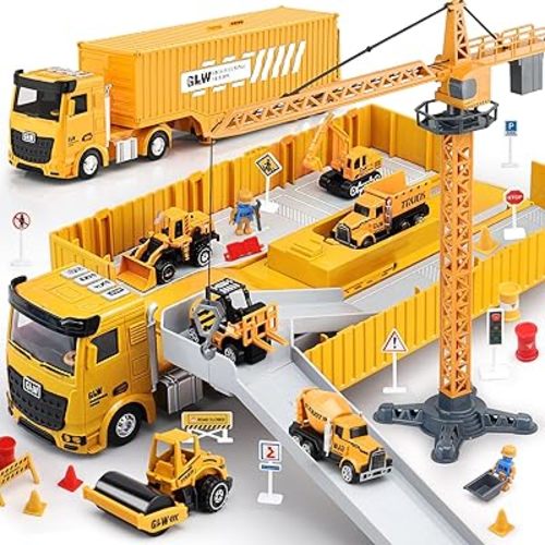 Kids Construction Toys, Construction Truck Toys Set w/Crane, Excavator, Forklift,Bulldozer,Dump Trucks,Cement Truck,Road Roller, Alloy Construction Vehicle Toys for 3 4 5 6 7 Years Old Boys Gifts