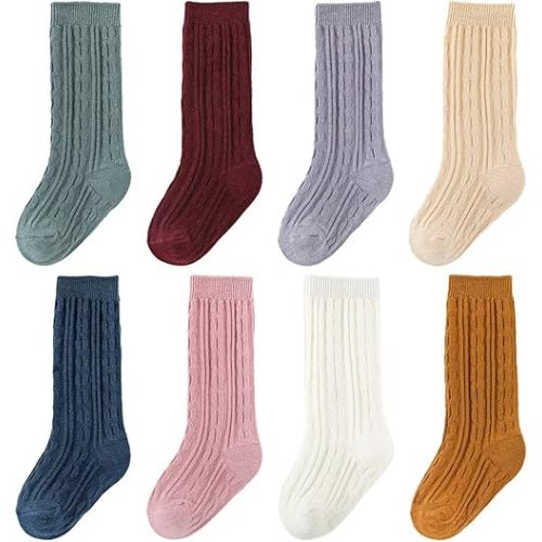 Zumou Toddler Knee High Socks 8 Pairs Baby Little Girls Cable Knit Cotton Stockings 0-5T (0-12 Months, Assorted 8-pack)