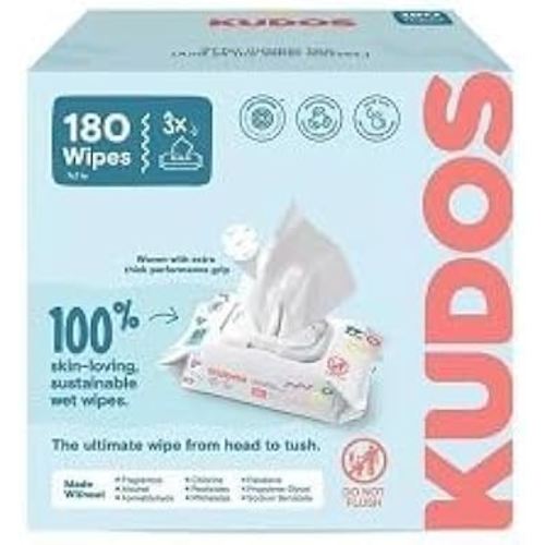 Kudos~Skin-Loving Baby Wipes, Plastic-Free & Unscented - 180ct (3 pack of 60)
