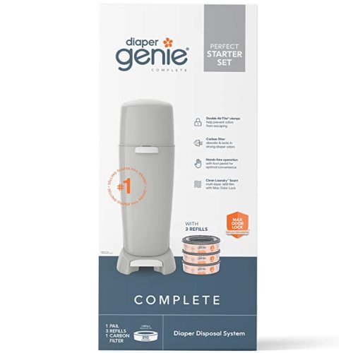 Diaper Genie Complete Diaper Pail (Grey) with Odor Control | Includes 1 Diaper Trash Can, 3 Refill Bags, 1 Carbon Filter