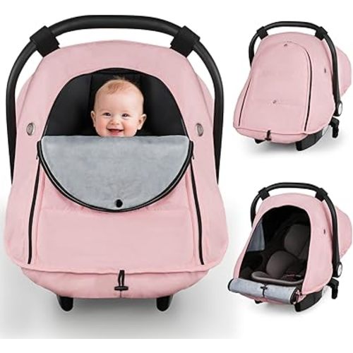 Metplus Waterproof Car Seat Cover Baby for Winter, Infant Car Seat Cover Breathable-Warm and Comfortable Carseat Covers Canopy,Rain, Snow, and Wind-Resistant,Baby CarSeat Covers for Boy Girl,Pink