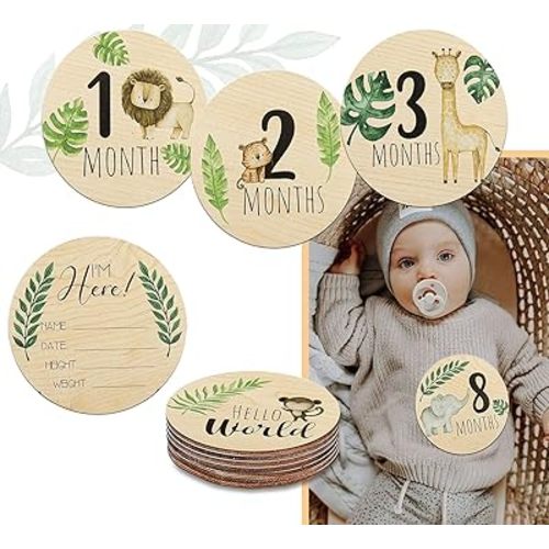 Wooden Baby Monthly Milestone Marker Discs with Announcement Sign - Reversible Photo Props, Newborn Baby Growth & Pregnancy Growth Card, 1-12 Month, Gender-Neutral Gift, Classic Cursive Script Discs