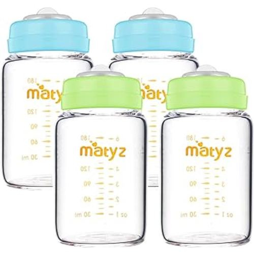 Matyz Glass Breastmilk Storage Containers, 4 Pack, 6 oz Bottle, Fit with Spectra Medela Avent Pump - Wide Mouth Breastmilk Collection and Storage Bottle with Lids - BPA Free (2 Green & 2 Blue Lids)