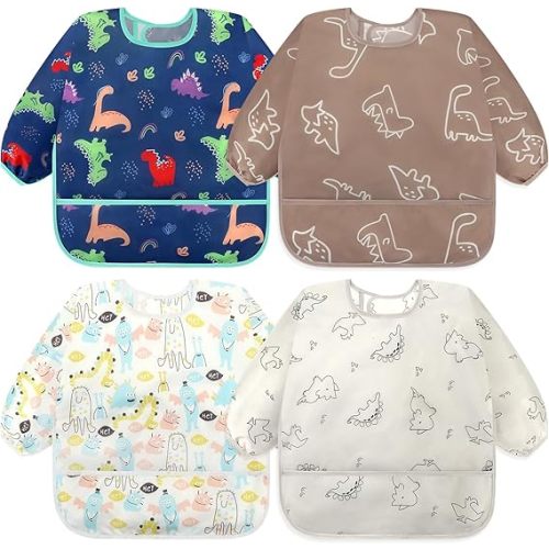 Accmor 4 Pack Long Sleeve Bibs, Baby Smock Waterproof Sleeved Bib Smock for Baby Toddler 6-36 Months