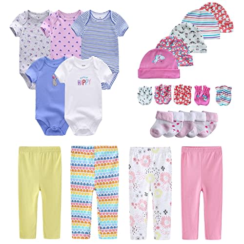 MAMIMAKA Newborn Layette Gift Set Bodysuits Pants for Baby Girl and Boy 24 Piece 100% Cotton Essentials and Accessories