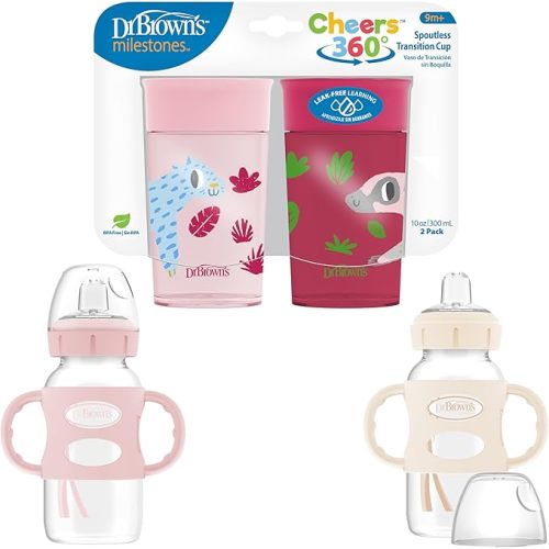 Dr. Brown's Milestones Cheers 360 Cup Spoutless Transition Cup & Milestones Wide-Neck Sippy Spout Bottle with 100% Silicone Handles