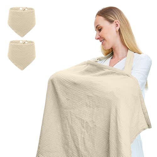 Aertyole Muslin Nursing Cover for Baby Breastfeeding, Breathable 100% Cotton Breastfeeding Cover up with Arch Neckline for Women, Nursing Apron (Milky White)