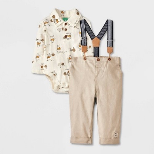Baby Boys' Disney Winnie the Pooh Long Sleeve Bodysuit and Pants Bottom Suspender Set - Beige 18M