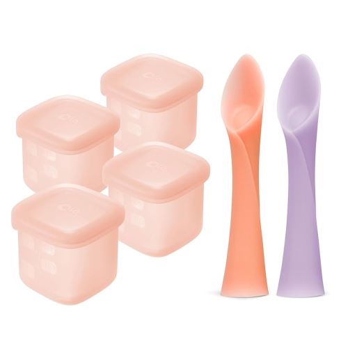 Olababy Training Spoon Set (Coral/Lilac) + Olababy Clear Sense Silicone Storage Containers 4pk (Coral, 4 oz)