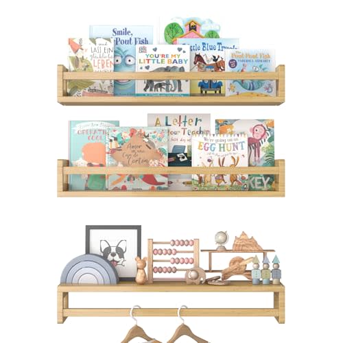 URBANCOZ Floating Nursery Book Shelves for Wall, 23.6 Inch Nature Solid Wood Wall Mounted Bookshelf Set of 3, Hanging Bookshelves for Kids Room, Bedroom Nursery Decor and Book Storage (Wood)
