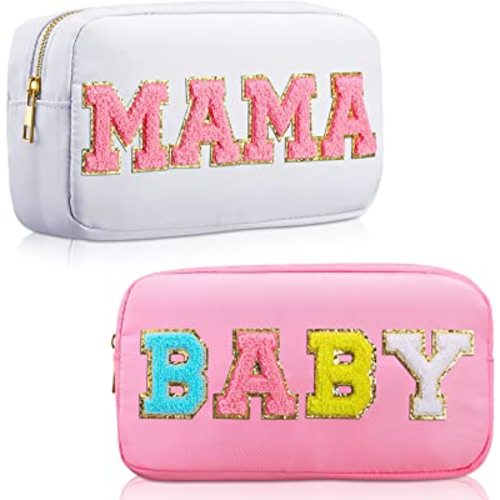 Sanwuta 2 Pieces Nylon Cosmetic Bag Chenille Letter Makeup Bag Pouch Zipper Travel Toiletries Pouch Preppy Patch Cosmetic Travel Toiletry Bag for Women and Girls (Baby and Mama, White, Pink)