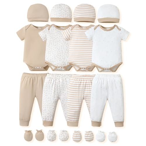 NZRVAWS Newborn Baby Boy Girl Clothes Unisex Infant Romper Pants Set Hat 4-Pack Outfits 0-12 Months 16 Pieces Toddler