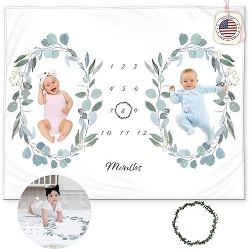 Twins Baby Monthly Milestone Blanket – Soft Fleece Baby Month Blanket – Eucalyptus Leaves Design – Gender Neutral for Twin Boys or Girls, Baby Shower Nursery Decor, Twin Baby Essentials, 50x40