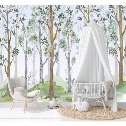 Peel And Stick Watercolor Birch Tree Forest Wallpaper Nursery Décor Fabric Woodland Animals Decal Removable Reusable - Custom Mural #3130