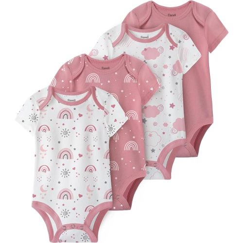 FIEMOL Baby Bodysuits 0-3 Months 100% Cotton, Soft Short Sleeve Toddler Infant Body Suits for Boys Girls 4 Pack Pink Rainbow