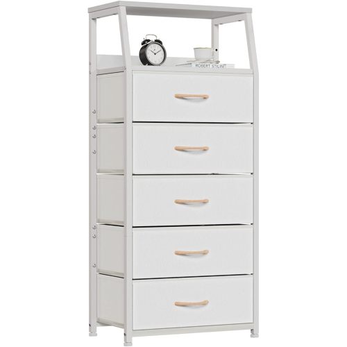 Furnulem White Dresser with 5 Drawers, Vertical Storage Tower Fabric Dresser for Bedroom, Hallway, Entryway, Nursery, Closet Organizer, Nightstand Bedside Table Furniture, Sturdy Steel Frame, Wood Top