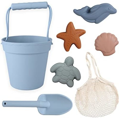 BLUE GINKGO Modern Baby Sand Toys | Travel Friendly | Silicone Bucket, Shovel, 4 Molds, Beach Bag for Toddlers, Kids - Blue
