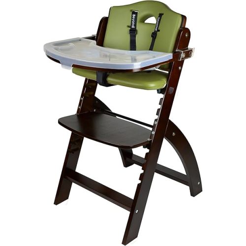 Abiie Beyond Junior Wooden High Chair with Tray - Mahogany Wood/Olive Cushion