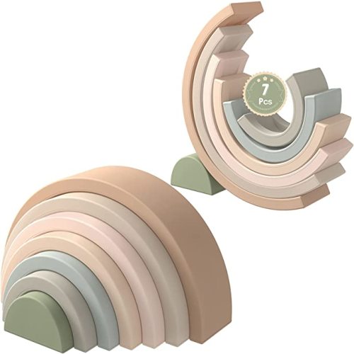 Rainbow Stacking Toy, Silicone Rainbow Stacker for Toddlers, Montessori Nesting Blocks, Building Creative Color Shape Matching Toy Set, 7 Layers (Brown)