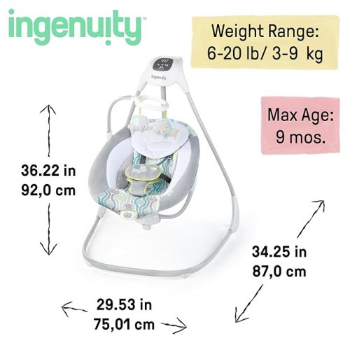 Ingenuity SimpleComfort Lightweight Compact 6-Speed Multi-Direction Baby Swing, Vibrations & Nature Sounds, 0-9 Months 6-20 lbs (Everston)