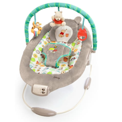 Bright Starts Disney Baby Winnie The Pooh Baby Bouncer Soothing Vibrations Deluxe Infant Seat - Faux Suede, Music, Removable -Toy Bar, 0-6 Months 6-20 lbs (Dots & Hunny Pots)