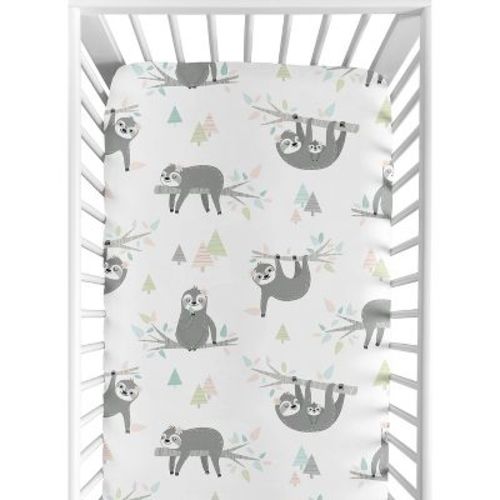 Sweet Jojo Designs Girl Baby Fitted Crib Sheet Sloth Pink Grey And White