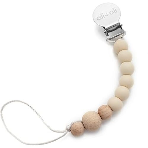 Ali+Oli Silicone Pacifier Clip for Baby (Taupe Wood) 100% Food-Grade BPA Free Newborn Pacifier Holder Infant Binky Clip for Baby Boy or Girl