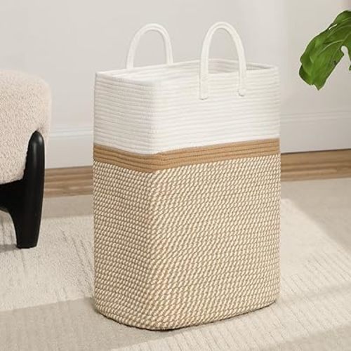 Tall Laundry Basket With Handles,Woven Cotton Rope Big Laundry Hamper Sorters,Versatile Storage for Dirty Clothes,Baby Toys,and Blankets in Bathroom, Nursery,and Living Room (Dark brown, 70L)