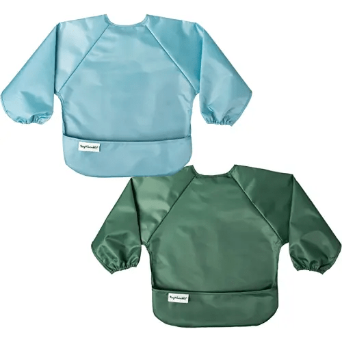 Tiny Twinkle Mess Proof Baby Bib, 2 Pack Full Sleeve Bib Outfit, Waterproof Bibs for Toddlers, Machine Washable, Tug Proof Closure, Baby Smock for Eating, Long Sleeve (Slate Olive, Small 6-24 Months)