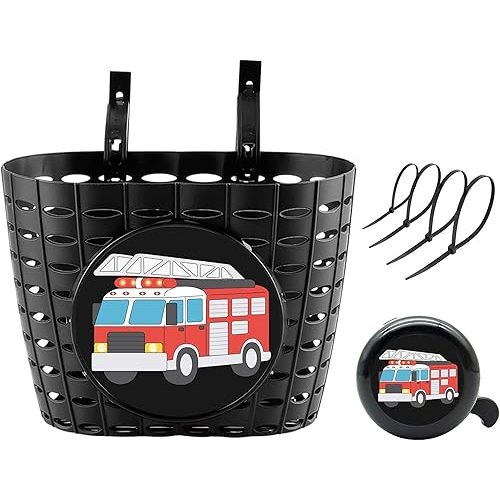 Boys Bike Basket with Bell, Cute Bicycle Front Handlebar Basket for Kids, Toddlers, Plastic Scooter Basket